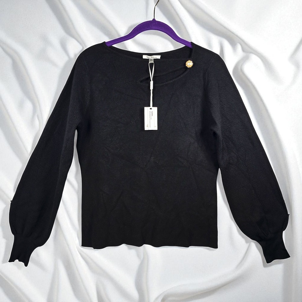 Vita Milano Knit Top Woman Small Black Cut Out‎ Pearl Detail Long Sleeve NWT